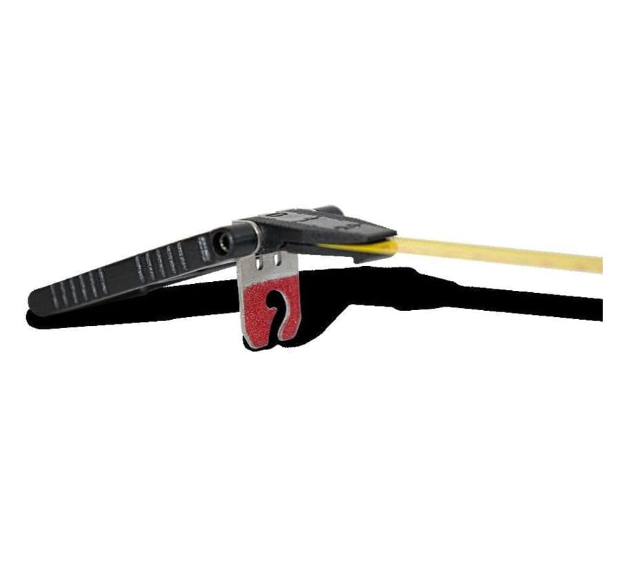 Cable tie tensioning and cutting tool with red and black handle shown tightening a yellow cable tie, demonstrating precise tension control and clean cutting performance for electrical, HVAC, and cable‑management applications.