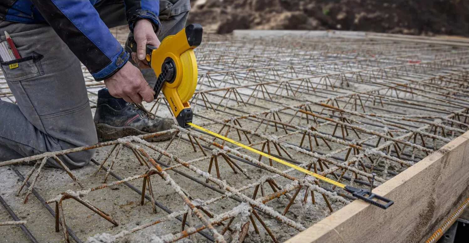 Construction worker measuring across a rebar grid using a Stabila long‑distance tape measure, illustrating accurate layout alignment and professional‑grade measurement capability for reinforced concrete foundation preparation.
