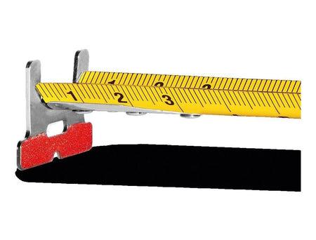 Close-up detail of the tape measure blade tip, highlighting the double-sided scale print and the red abrasive Spikes hook coating designed to prevent slipping.