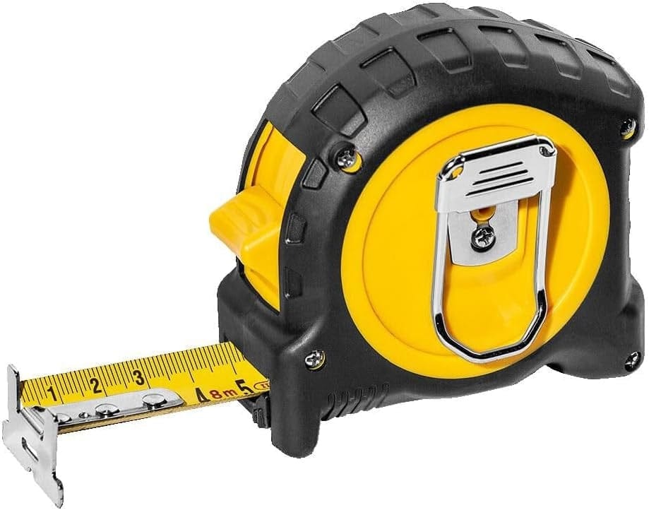 Rear angled view of the tape measure showing the chrome wire Easy-Clip belt holder and the metric scale printed on the extended yellow blade.
