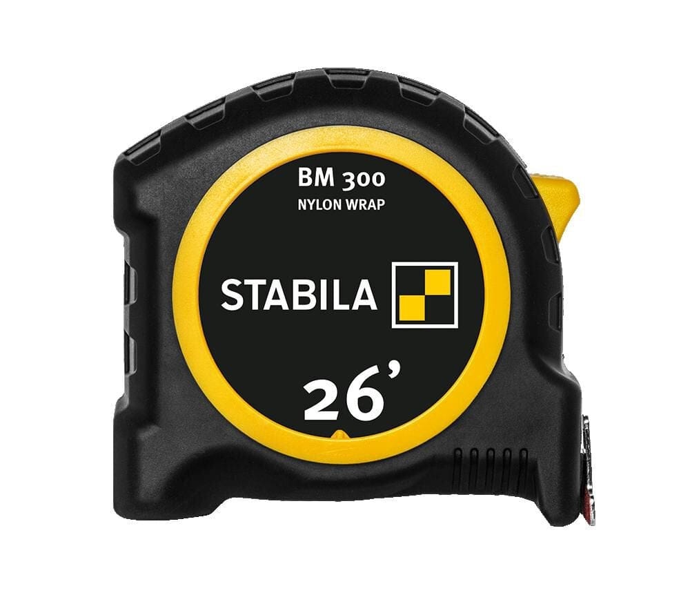 A profile view of the Stabila BM 300 26-foot pocket tape measure featuring a yellow and black shatterproof housing with high-impact soft grip casing and clear branding for the Nylon Wrap professional-grade blade.