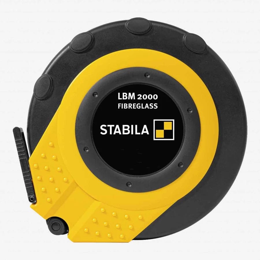 A full studio photograph of the Stabila LBM 2000 fiberglass model capsule, featuring the shatterproof black and yellow PC/ABS case with a shock-absorbing soft-grip exterior and the Stabila logo.