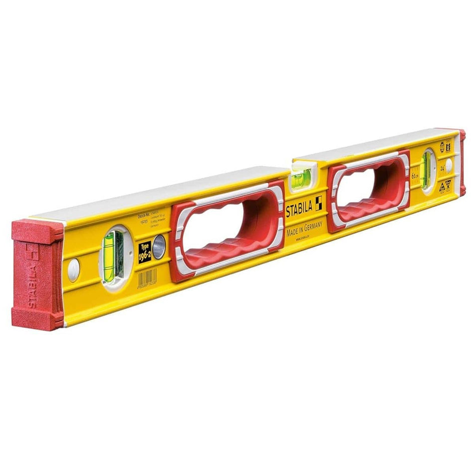 Studio view of the Stabila Type 196-2 24-inch spirit level featuring a yellow ribbed aluminum frame, two red ergonomic hand grips, and three high-visibility vials.
