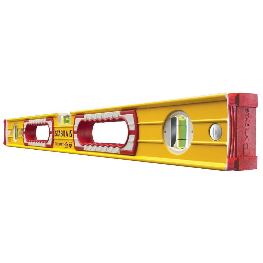 Angled perspective of the heavy-duty level showing the reinforced yellow profile, vertical plumb vial, and the Stabila logo embossed on the red shock-absorbing end cap.