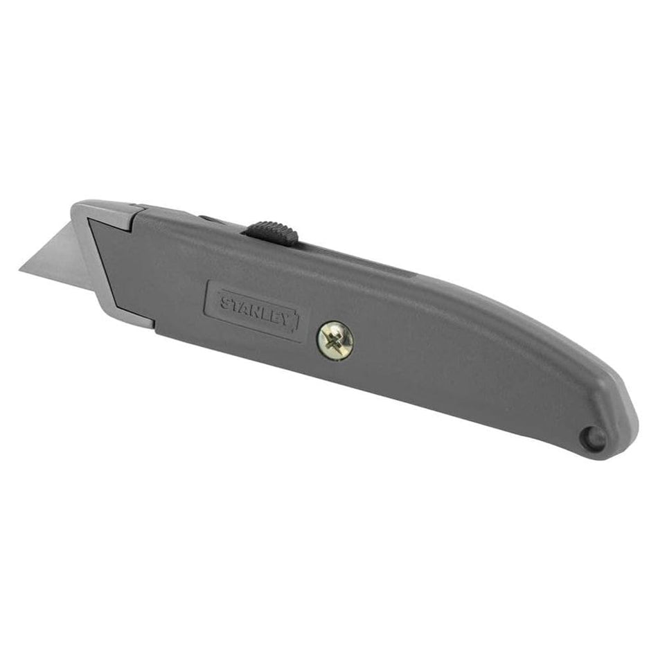 A studio product view of the Stanley 10-175 retractable utility knife shown at an angle. The image displays the gray metallic housing, the textured black thumb slider for blade adjustment, and the interlocking safety nose with a sharp steel blade partially extended.