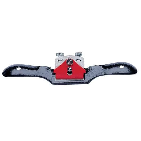 Top-down view of the spoke shave showing the symmetrical wing-like handles, the dual knurled adjustment knobs, and the red cap holding the cutter in place.