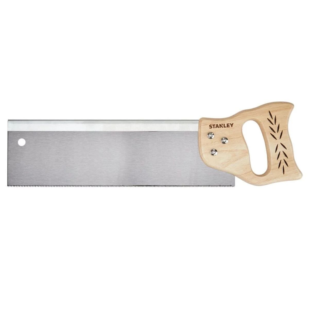 Full side view of the Stanley 14 inch Pro Miter Saw model STHT20359 featuring a rigid steel back saw blade with a fine finish 12 TPI edge and a traditional solid wood handle with decorative carvings.