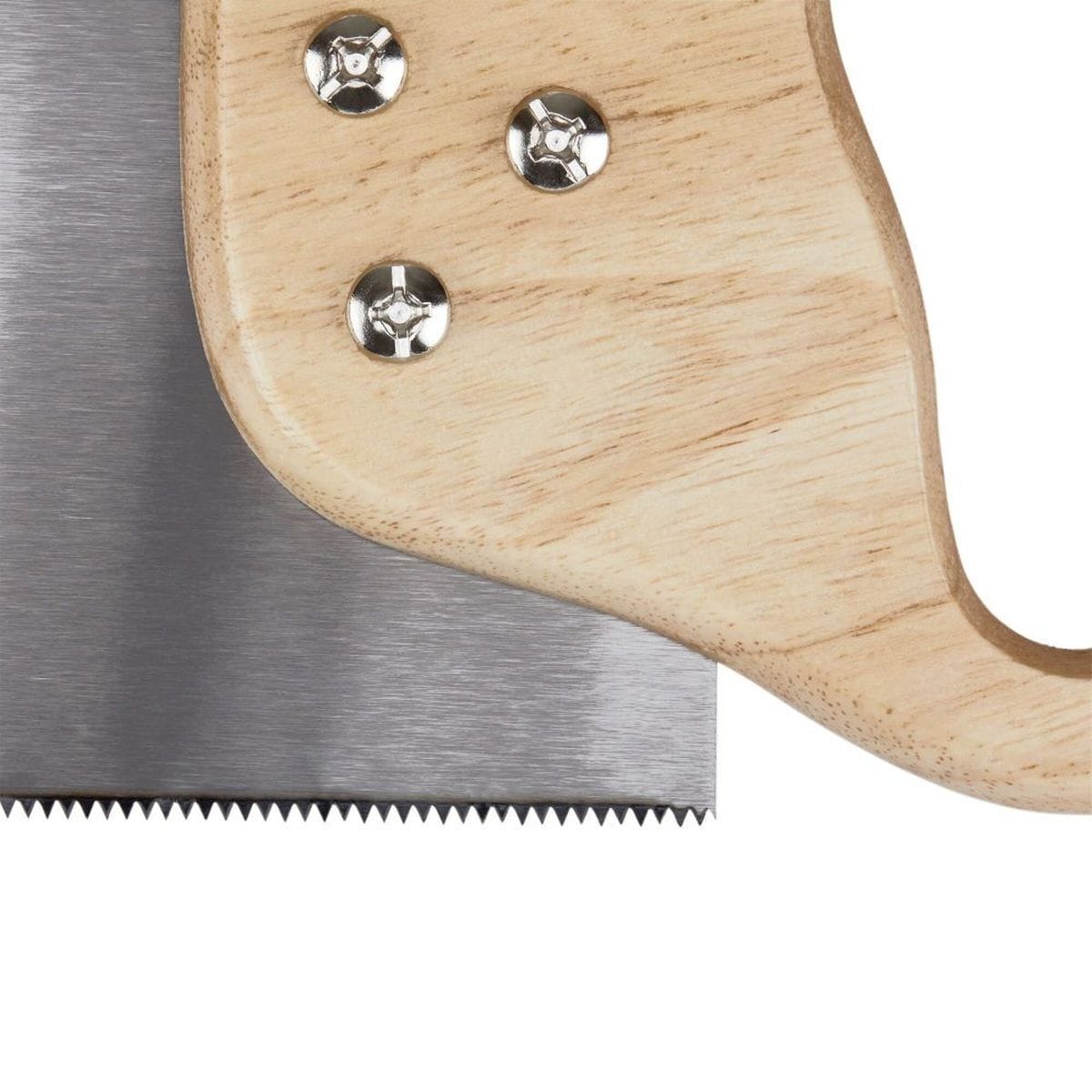 Detailed close up of the Stanley miter saw showing the connection between the induction hardened steel blade and the solid wood handle with three durable metal fasteners for maximum tool stability.