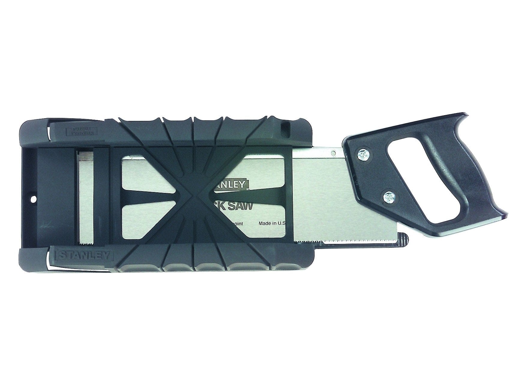 Top-down studio view of the Stanley miter box with the included 12-inch back saw securely stored inside the integrated base storage compartment.
