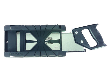 Top-down studio view of the Stanley miter box with the included 12-inch back saw securely stored inside the integrated base storage compartment.
