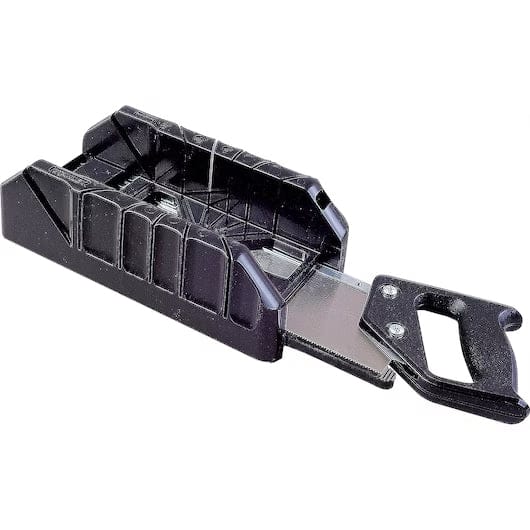 Angled perspective of the black plastic miter box highlighting the open interior design and the vertical cutting slots for 90, 45, and 22.5-degree angles.