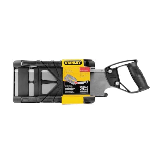 Top view of the miter box and saw in retail packaging with a yellow sleeve listing features such as the 13 TPI blade and saw storage system.