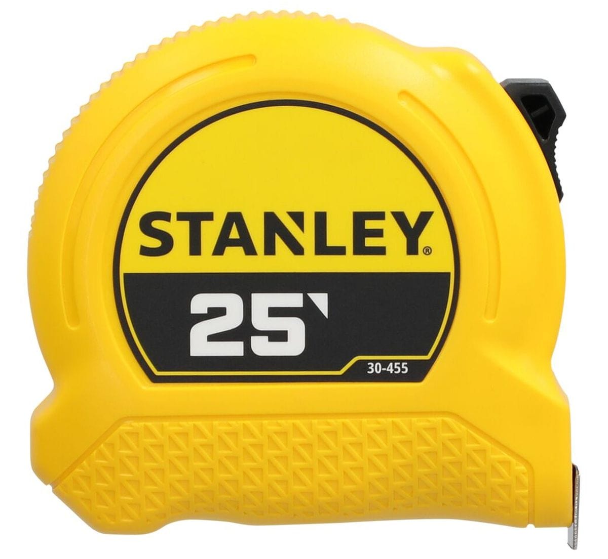 A direct front studio photograph of the yellow Stanley 25-foot tape measure, showcasing its circular black faceplate, high-contrast white 25' branding model number, and textured lower grip pattern on the high-impact ABS case.