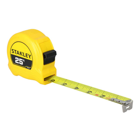 An isometric product perspective shot of the Stanley 30-455 pocket measuring rule with its yellow steel tape blade partially extended, demonstrating the printed measurement fractional markings and the riveted silver Tru-Zero end hook.