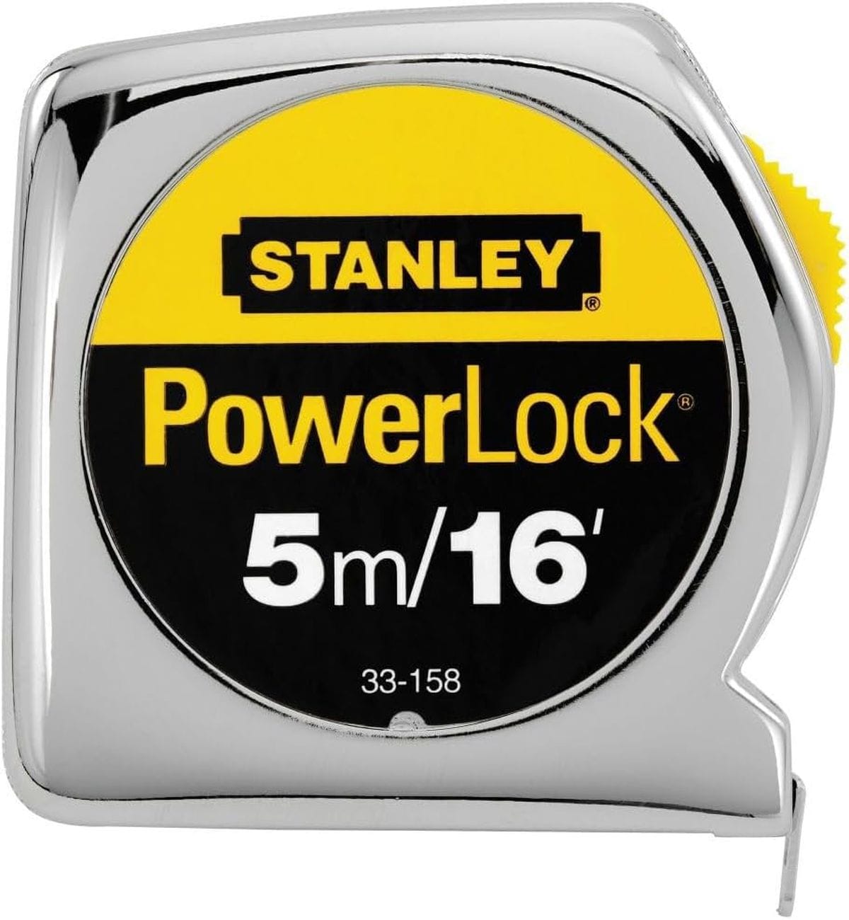 A direct side-profile studio layout of the closed Stanley PowerLock 16-foot tape measure, highlighting its classic polished chrome casing, circular yellow and black brand badge detailing the 5m/16' dual-measurement layout, and the 33-158 model code against a pure white background.