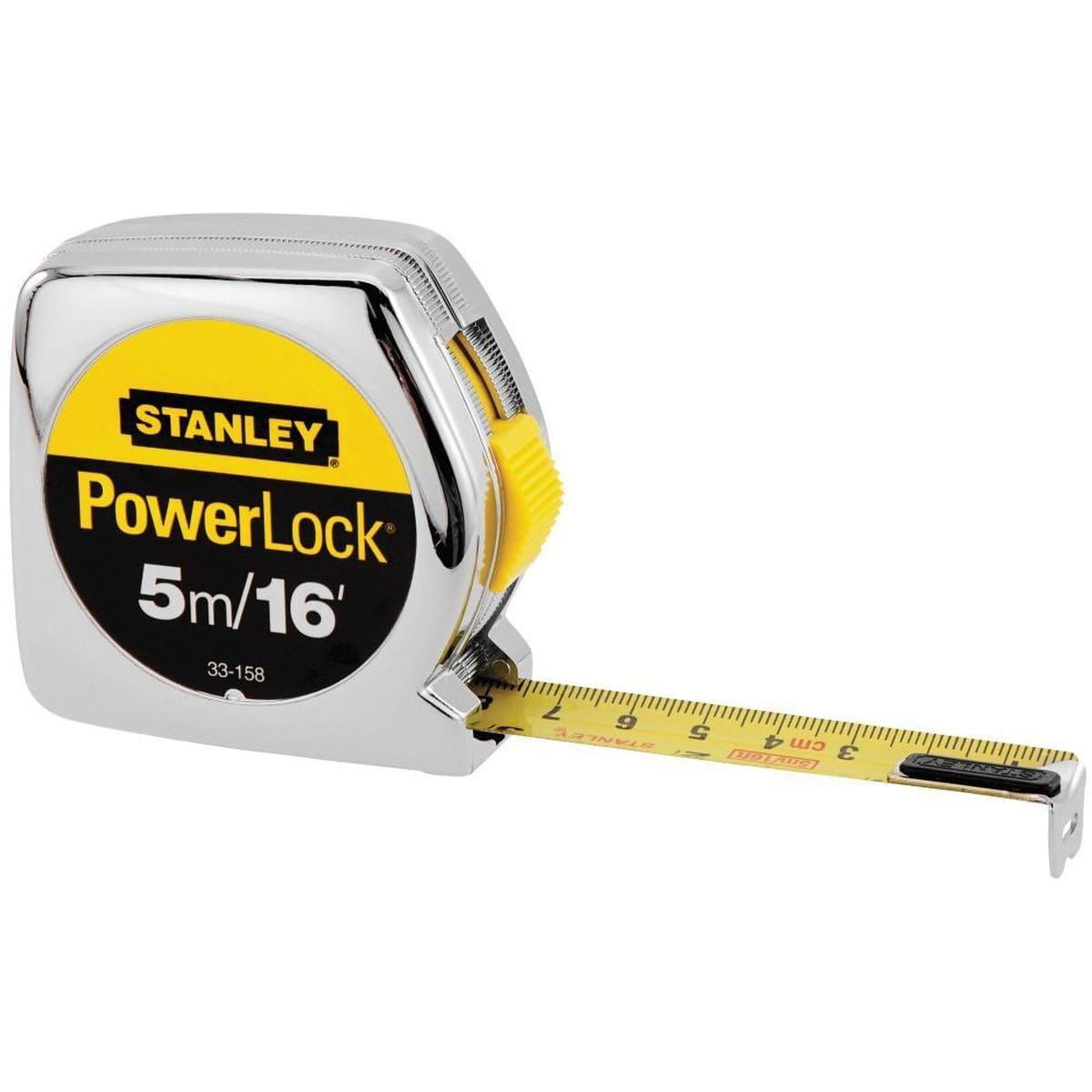 An isometric product perspective shot of the chrome Stanley PowerLock tape measure with its yellow steel blade partially extended, demonstrating the printed fractional and metric measurement markings, the texturized yellow slide lock button, and the riveted Tru-Zero end hook.