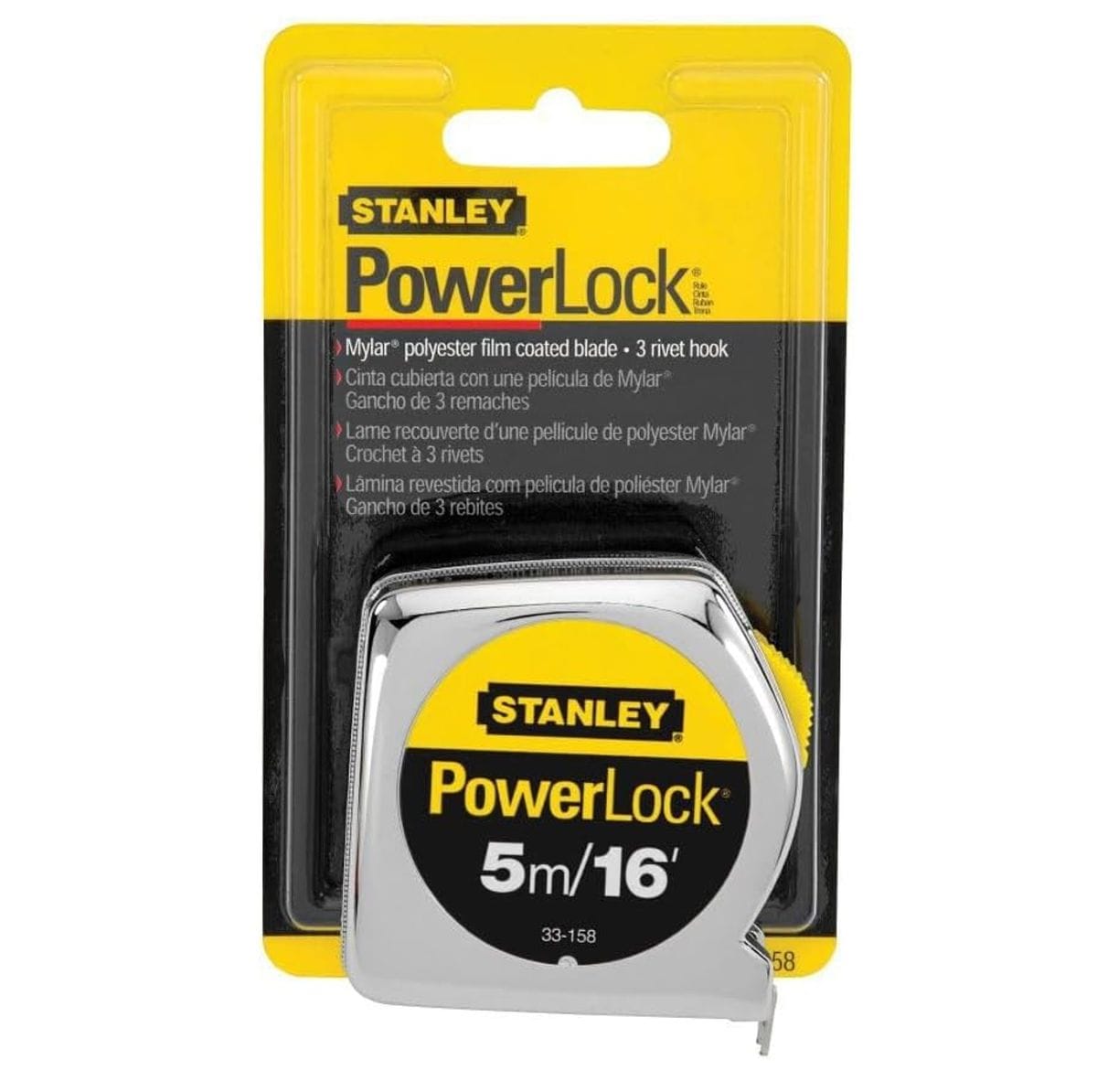 A retail e-commerce display packaging view of the Stanley 16' PowerLock tape rule enclosed in a clear protective blister card with a yellow header, highlighting key feature texts including its Mylar polyester film coated blade and 3-rivet hook configurations.