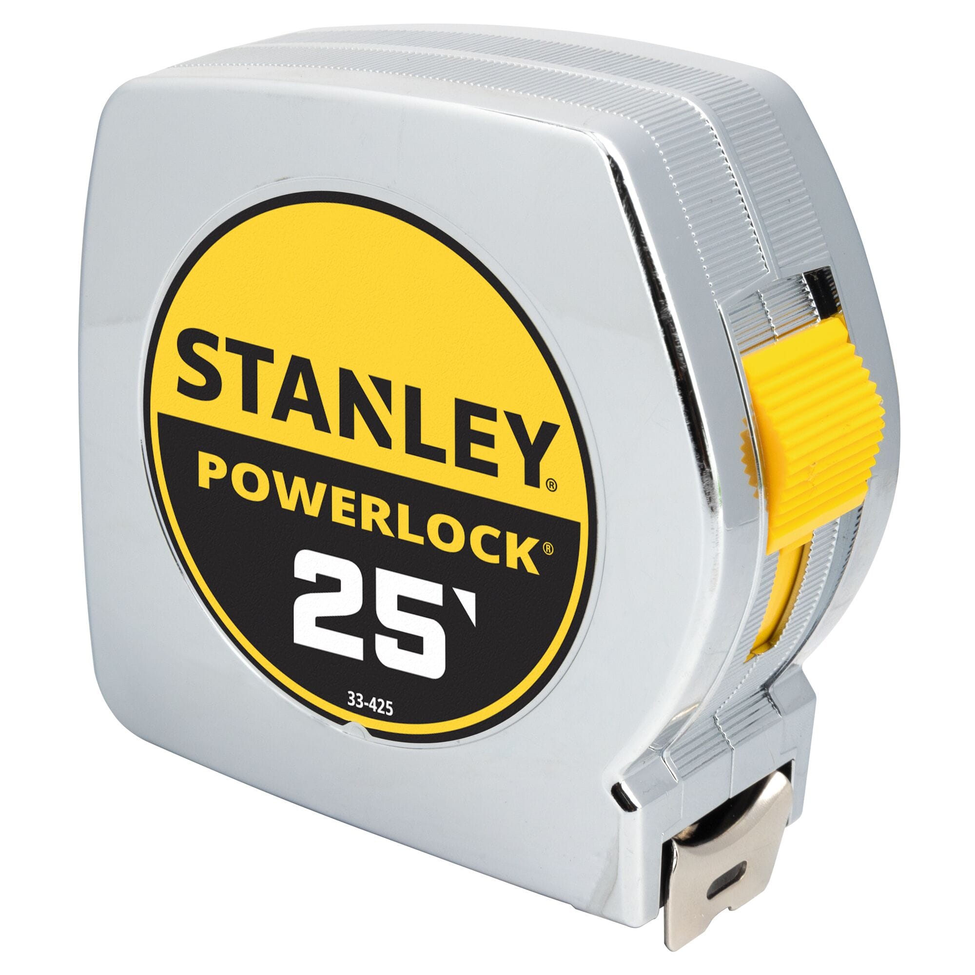 An isometric studio product photograph of the closed Stanley PowerLock 25-foot tape measure, showcasing its high-shine classic chrome casing, prominent yellow and black center branding circle, texturized yellow slide lock button, and metal base hook against a white background.