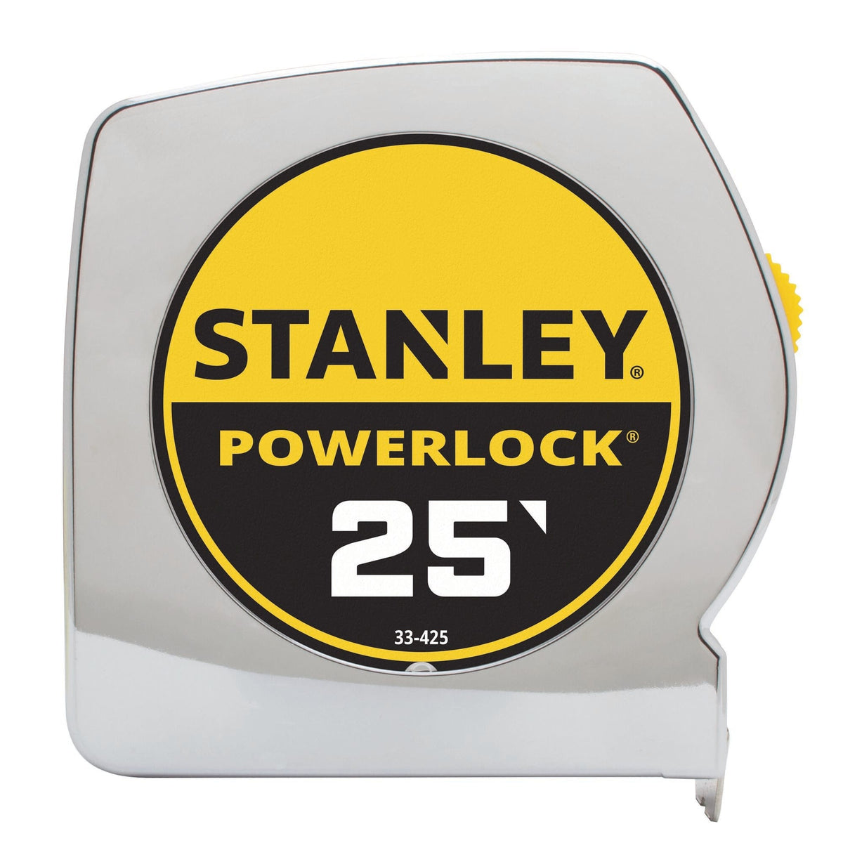 A direct side-profile product layout view of the classic chrome Stanley PowerLock 25' measuring tape case, highlighting the balanced circular shape of the black and yellow model identifier badge and its metallic housing.