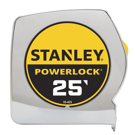 A direct side-profile product layout view of the classic chrome Stanley PowerLock 25' measuring tape case, highlighting the balanced circular shape of the black and yellow model identifier badge and its metallic housing.