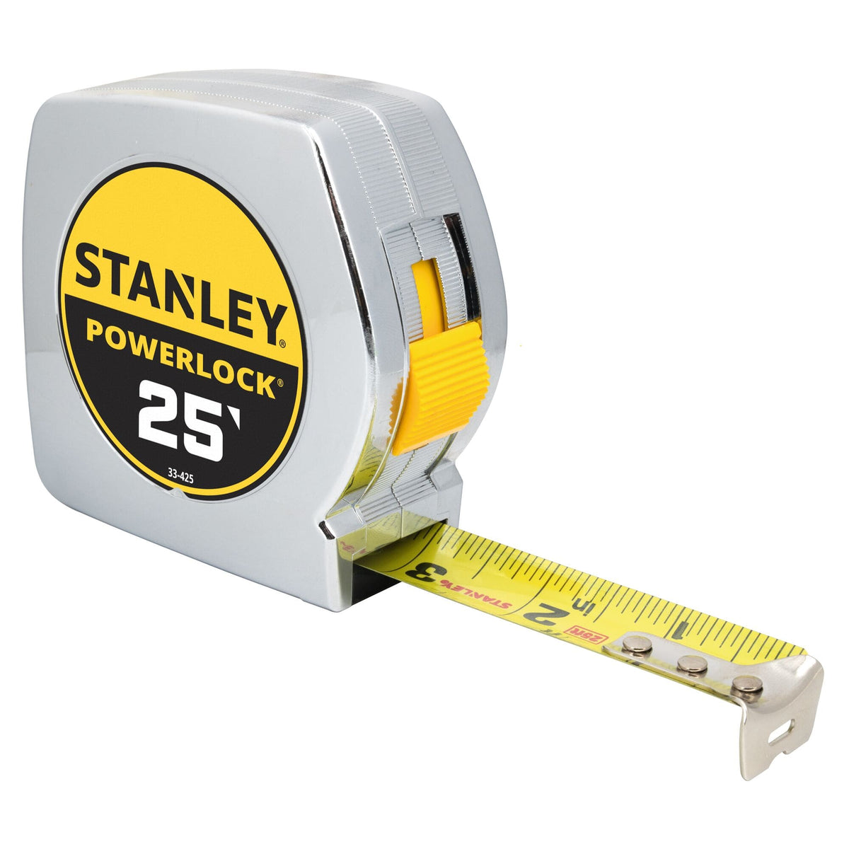 An angled three-quarter studio product perspective shot of the extended Stanley PowerLock pocket layout tool, showing its 1-inch wide yellow steel blade extending outward with printed fractional numbers and a multi-rivet metal tip hook.