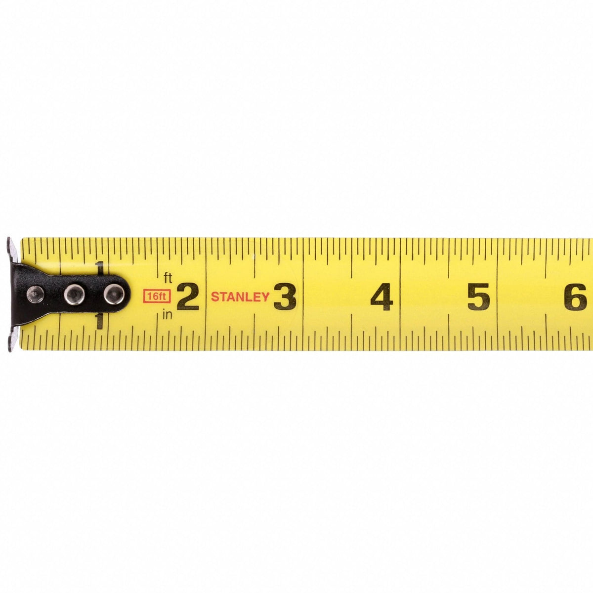Close‑up of Stanley FatMax 16 ft measuring tape blade displaying inch markings from two to six inches, emphasizing the wide 1‑1/4 inch blade, clear measurement visibility, and precision ideal for framing and construction tasks.