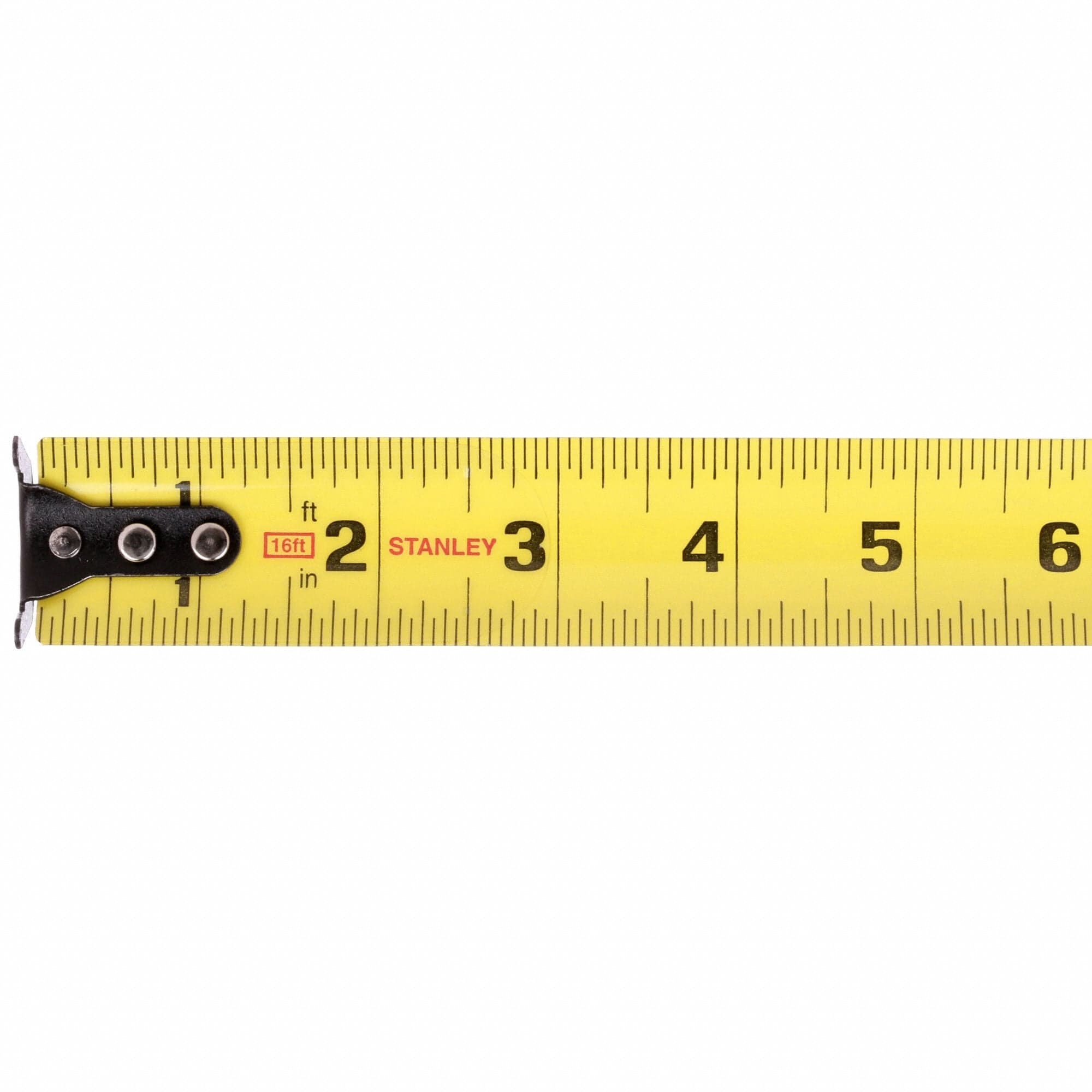 Close‑up of Stanley FatMax 16 ft measuring tape blade displaying inch markings from two to six inches, emphasizing the wide 1‑1/4 inch blade, clear measurement visibility, and precision ideal for framing and construction tasks.