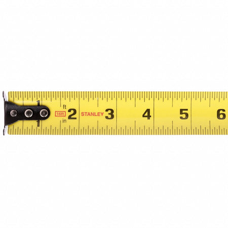 Close‑up of Stanley FatMax 16 ft measuring tape blade displaying inch markings from two to six inches, emphasizing the wide 1‑1/4 inch blade, clear measurement visibility, and precision ideal for framing and construction tasks.