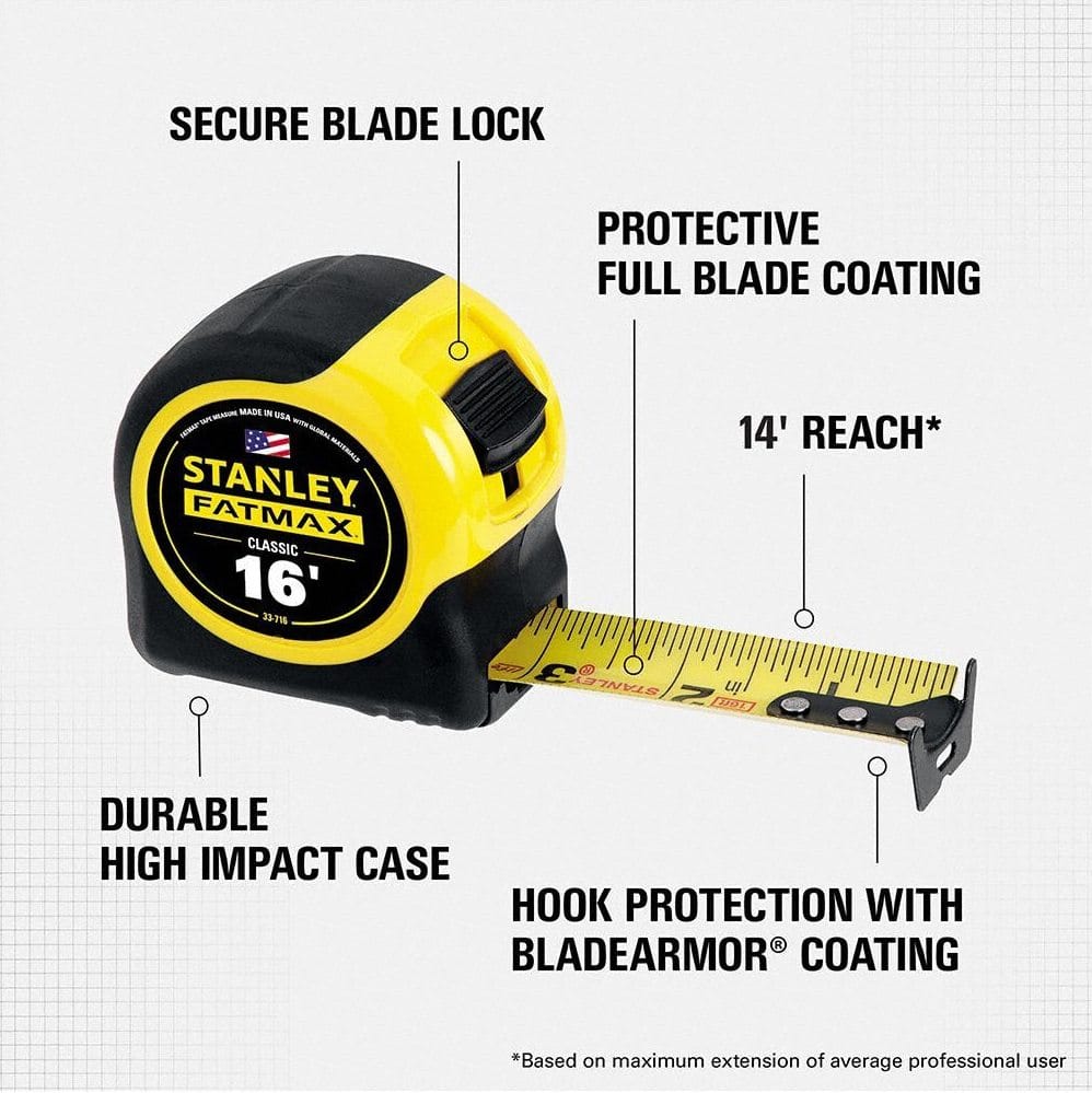 Stanley 33‑716 FatMax Classic 16 ft tape measure with extended blade, showcasing secure blade lock, BladeArmor coating, high‑impact case, and ergonomic rubber grip designed for heavy‑duty framing and jobsite durability.