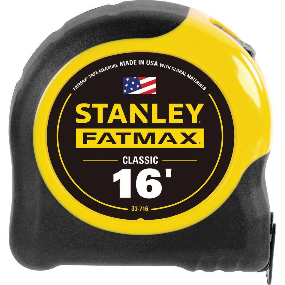 Product shot of the Stanley 33-716 FatMax 16-foot tape measure featuring a 1-1/4 inch wide yellow blade with high-visibility markings, a chrome high-impact case with black rubber overmold for grip, and the specialized BladeArmor coating on the first few inches for industrial durability.