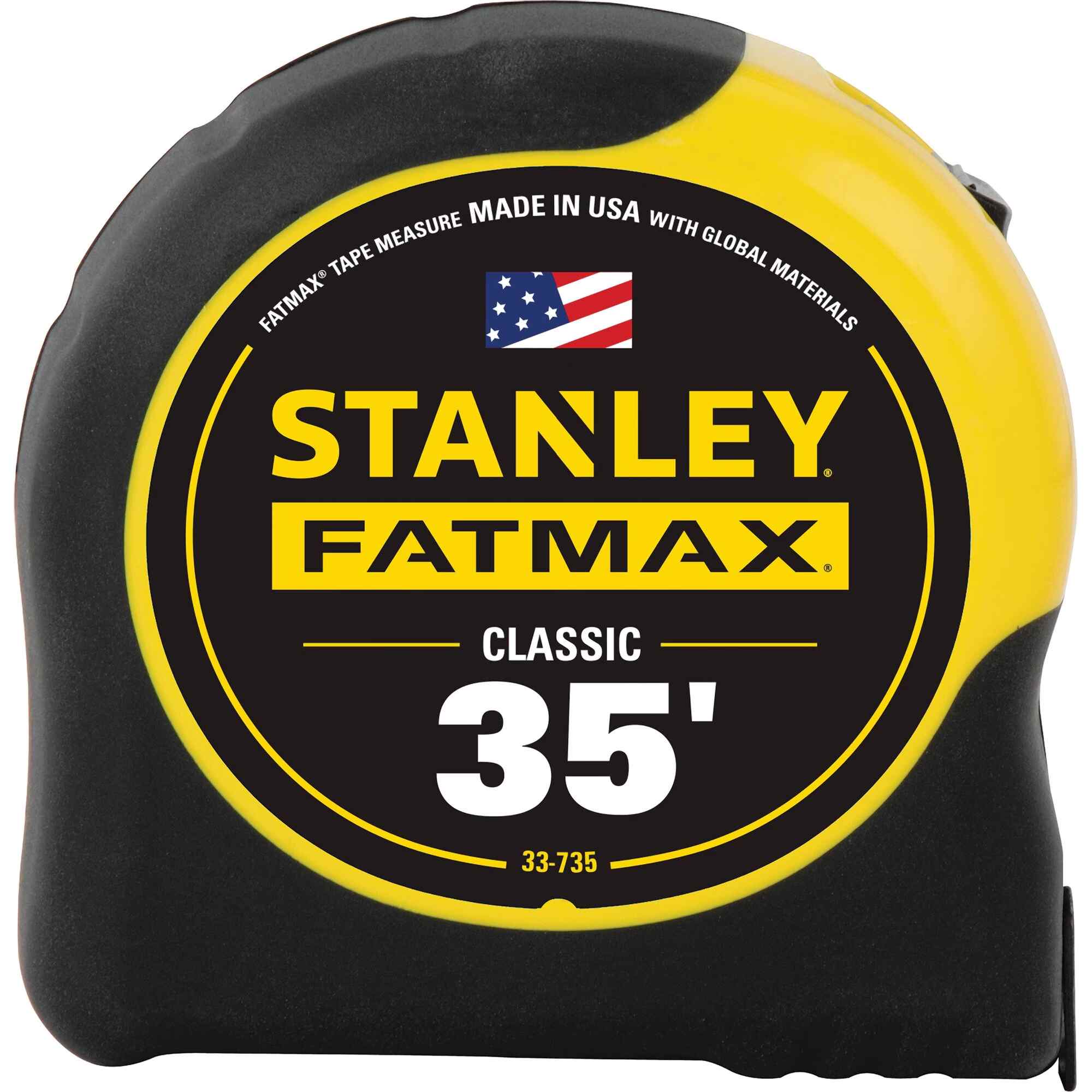 Front profile view of the Stanley FATMAX Classic 35 foot tape measure (33-735) featuring a high-impact yellow and black case with a Made in USA logo.