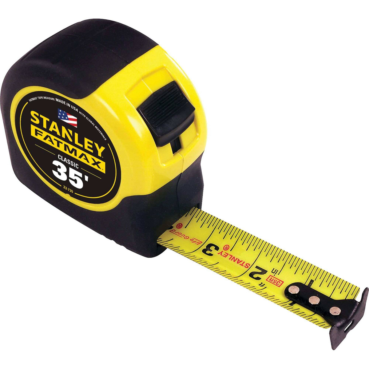 Perspective view of the Stanley 35 foot tape measure with the blade extended, showing the fractional markings, 1-1/4 inch wide blade, and the multi-catch hook for versatile measuring.