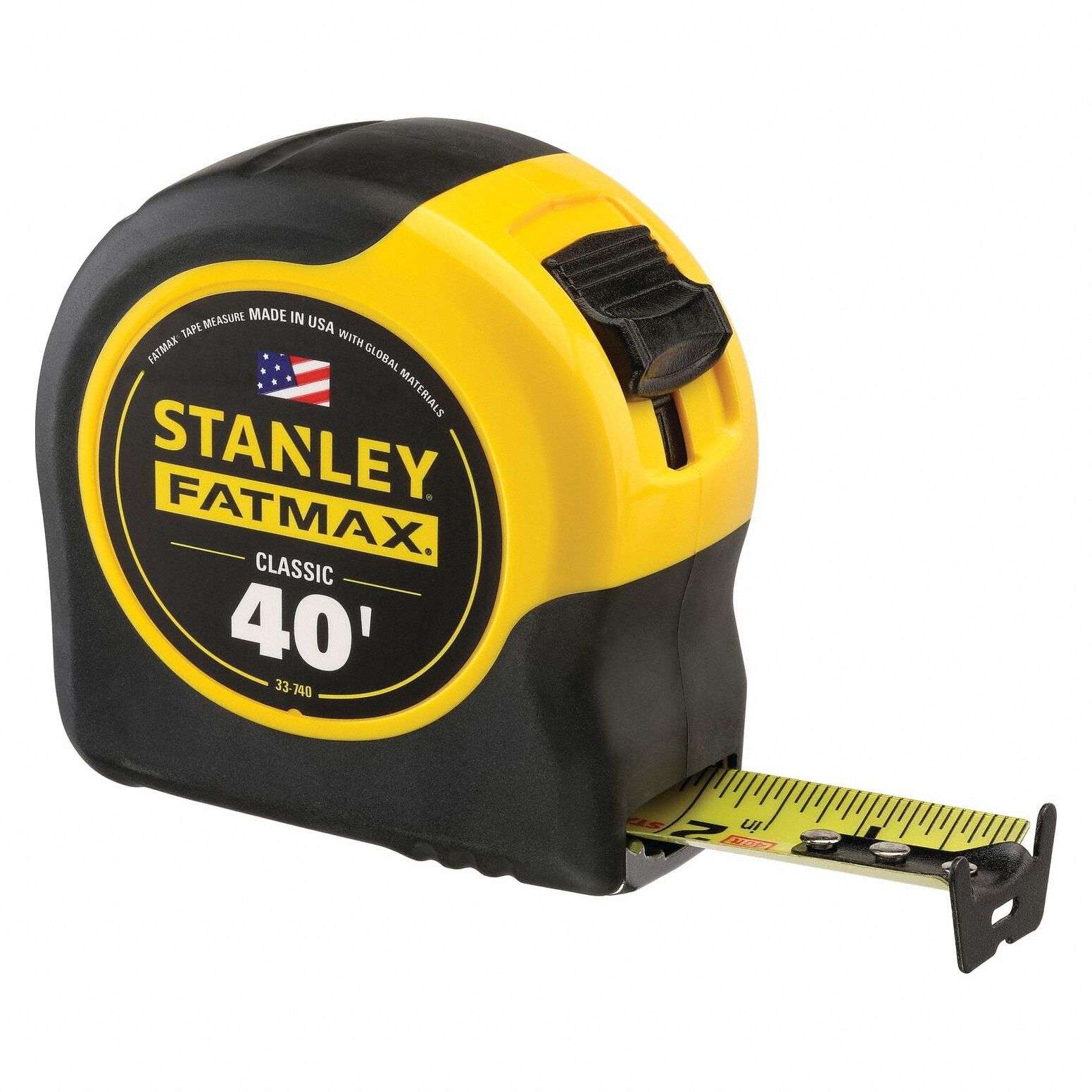 A studio product shot of the Stanley 33-740L 40 ft FATMAX Classic tape measure featuring its durable yellow and black high-impact case with the 1-1/4 inch wide steel blade extended to show large markings and a multi-catch hook.