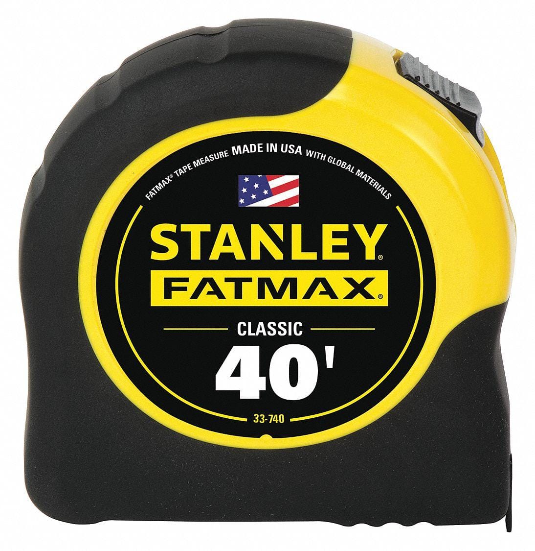 A front-facing view of the Stanley FATMAX 40-foot tape measure housing, highlighting the iconic yellow circular label with the 33-740 model number, American flag graphic, and rugged non-slip rubber overmold grip.