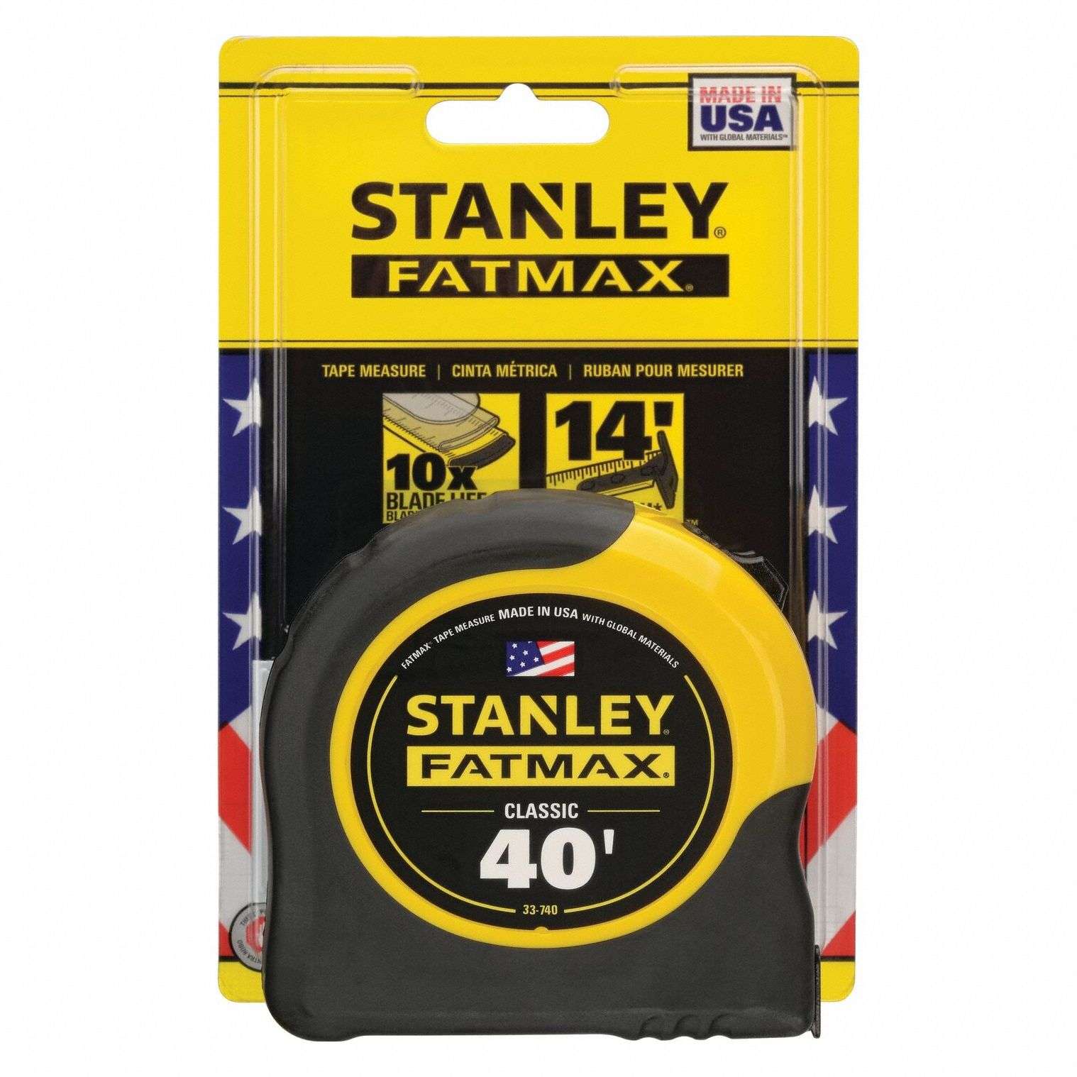 The official retail packaging for the Stanley FATMAX 40 ft tape measure, emphasizing its professional grade construction, 14-foot reach capability, and 10X blade life due to BladeArmor coating.