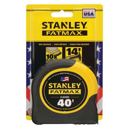 The official retail packaging for the Stanley FATMAX 40 ft tape measure, emphasizing its professional grade construction, 14-foot reach capability, and 10X blade life due to BladeArmor coating.