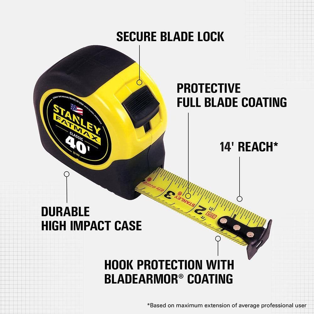 An infographic highlighting the professional features of the Stanley 40 ft FATMAX tape measure, including a secure blade lock, 14-foot reach, high-impact case, and BladeArmor coating for superior hook protection.
