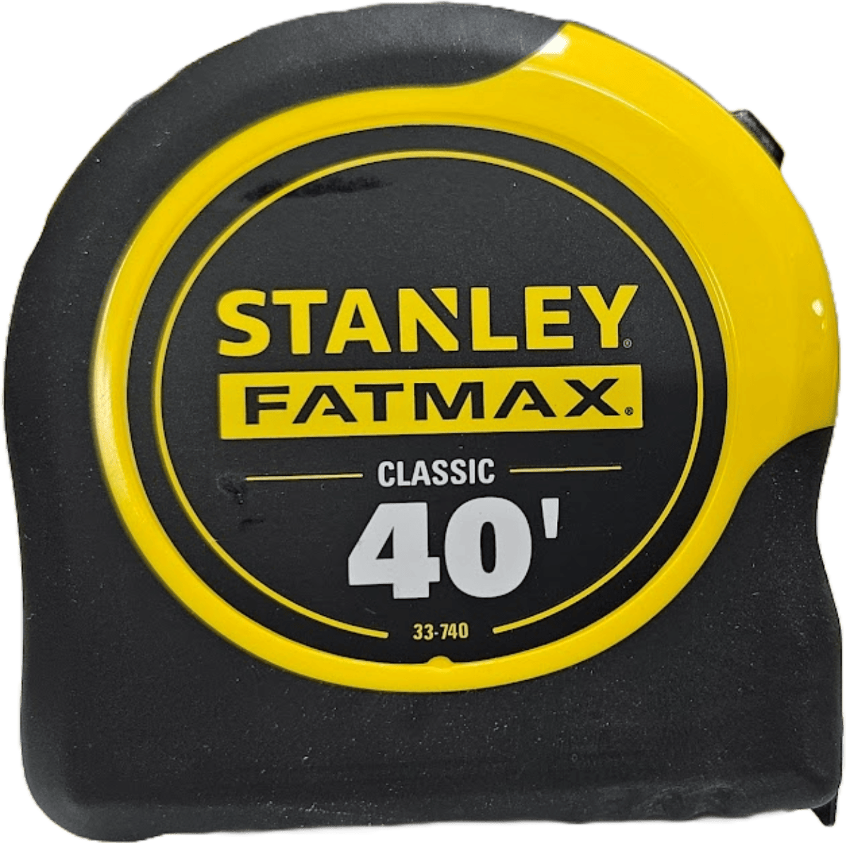 A front-facing view of the Stanley 33-740 FATMAX Classic 40 ft tape measure, featuring the iconic yellow and black high-impact case with prominent 40' branding and a durable ergonomic grip for professional jobsite use.