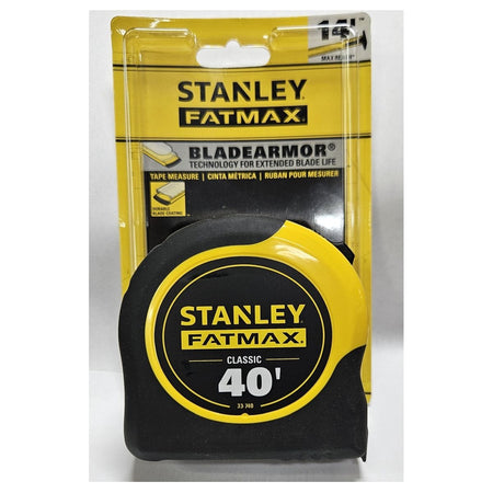 The Stanley FATMAX 40 ft tape measure in its original retail packaging, highlighting the BladeArmor technology designed for extended blade life and the 14 ft reach capability for solo measuring tasks.