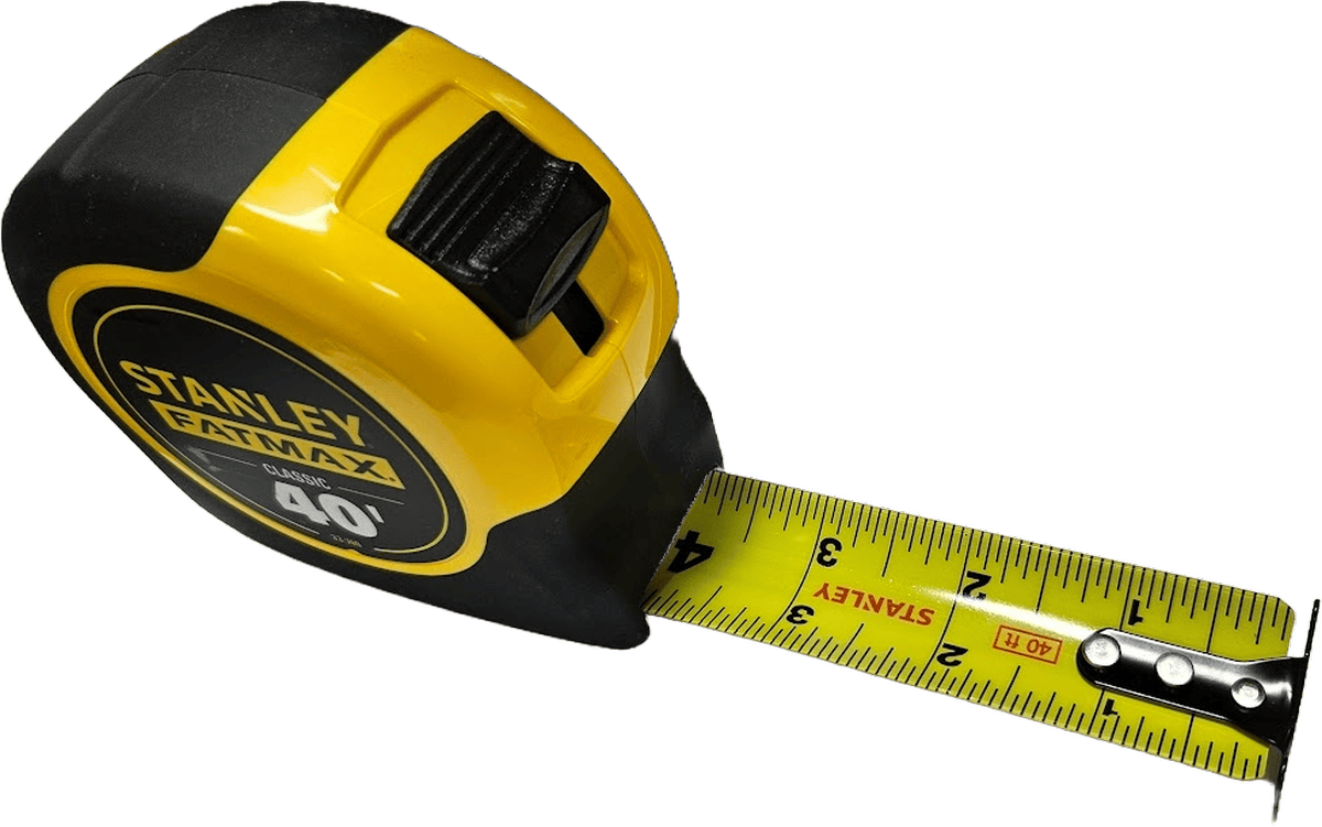 Perspective view of the Stanley FATMAX Classic tape measure with the yellow 1-1/4 inch wide blade partially extended, showing the easy-to-read fractional markings and the secure top-mounted blade lock.