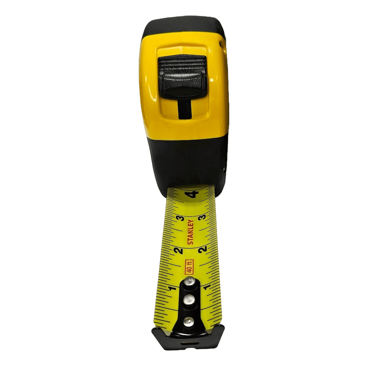 A top-down view looking along the extended 1-1/4 inch wide blade of the Stanley 40 ft tape measure, demonstrating the high-visibility yellow blade surface and the robust multi-rivet Tru-Zero hook for accurate internal and external measurements.