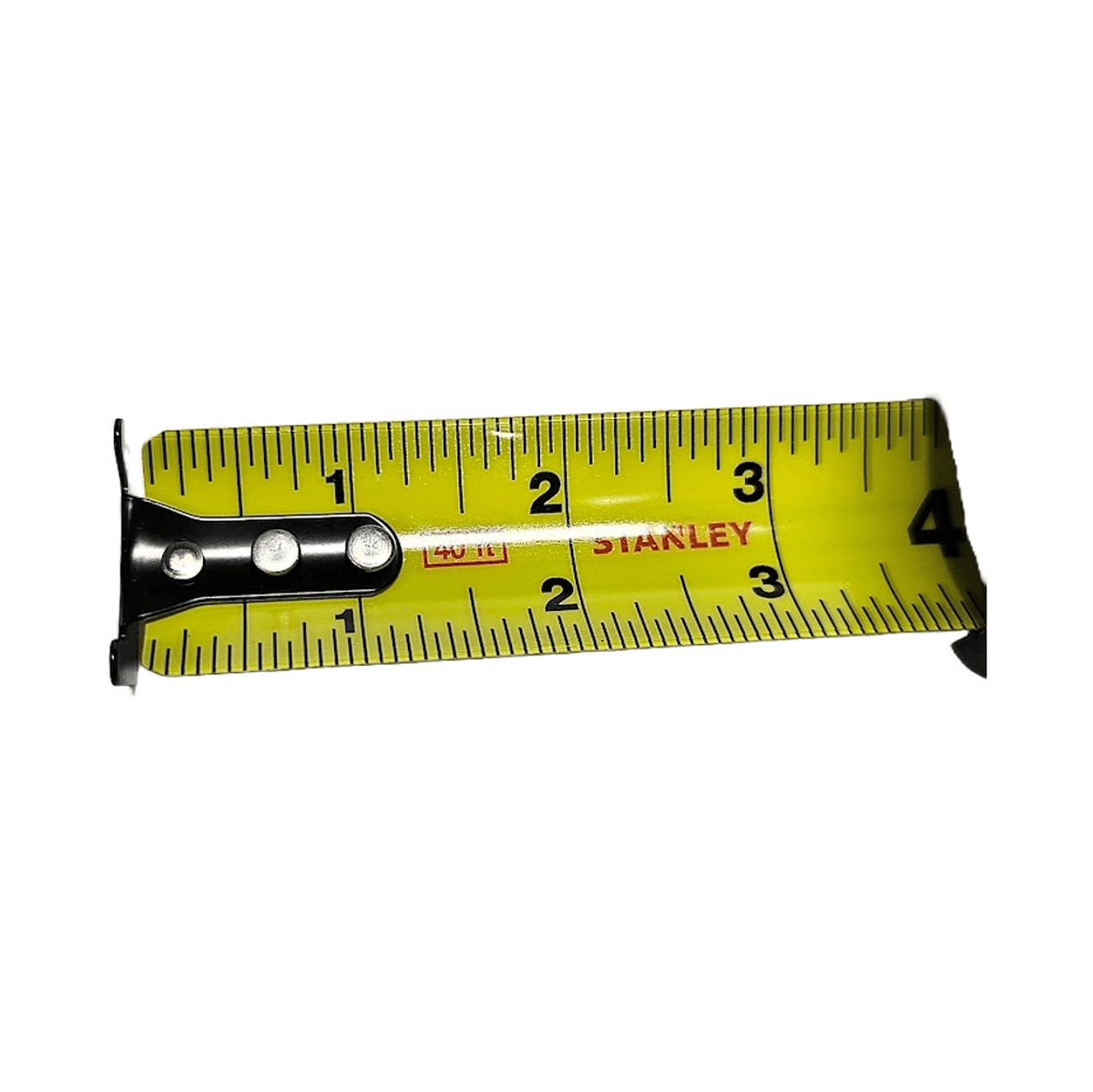 Close-up detail of the Stanley FATMAX 40 ft tape measure blade, showcasing the 1-1/4 inch width, distinct 16-inch and 19.2-inch stud center markings for framing, and the protective BladeArmor coating on the first few inches of the tape.
