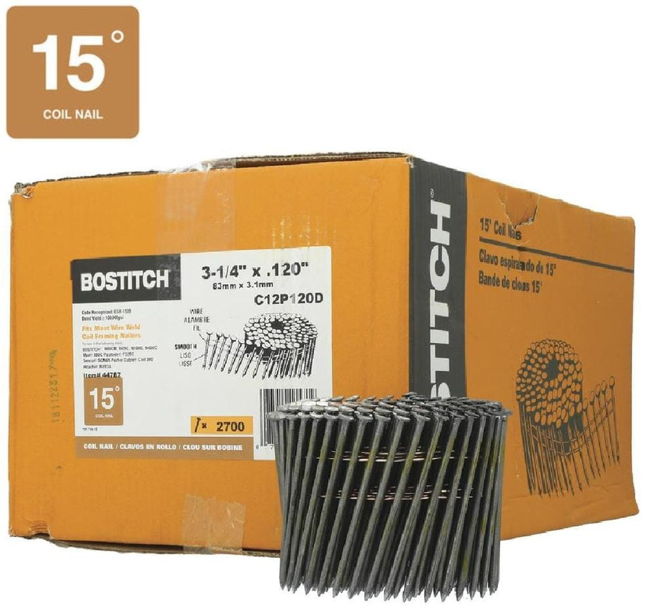 Stanley Bostitch C12P120D 2,700-count master box with a roll of 15-degree smooth shank framing nails in front.