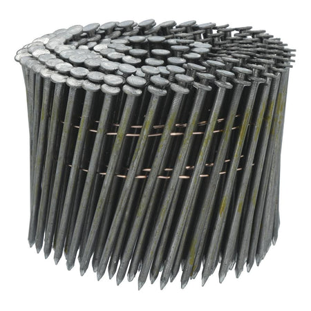 Coil of Stanley Bostitch 3-1/4-inch by .120-inch smooth shank framing nails with 15-degree copper wire collation.