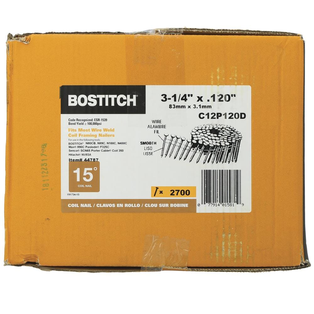 Stanley Bostitch C12P120D packaging label detailing 3-1/4-inch length, .120 diameter, and 2,700 fastener quantity.