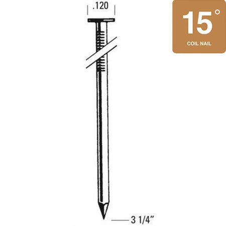 Technical schematic diagram displaying the 3-1/4-inch length, .120-inch shank diameter, and 15-degree coil angle.