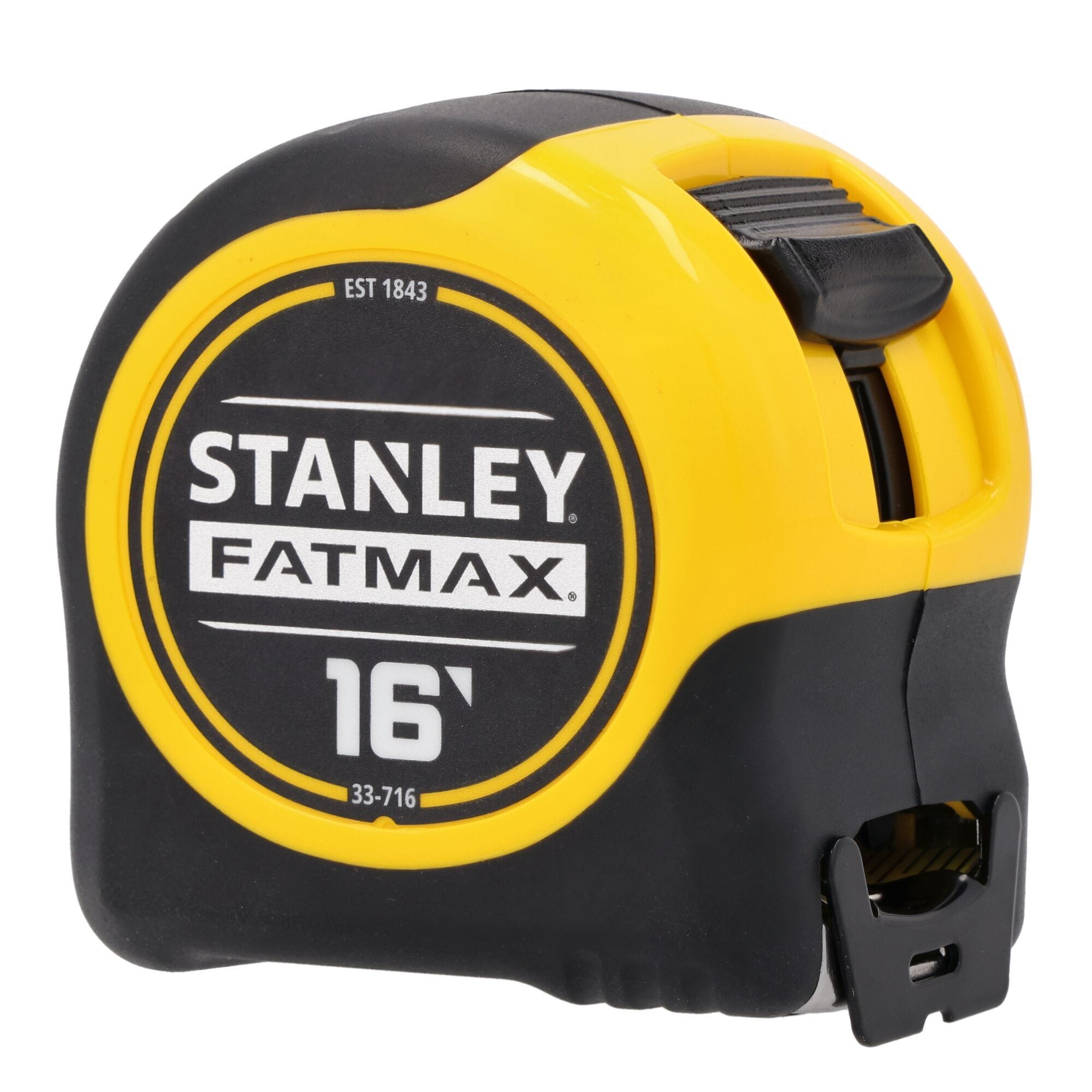 A three-quarter front angle studio product layout of the closed Stanley FatMax measuring device, displaying the black textured rubber cushion over-mold chassis and the prominent top-forward thumb lock slider tab.