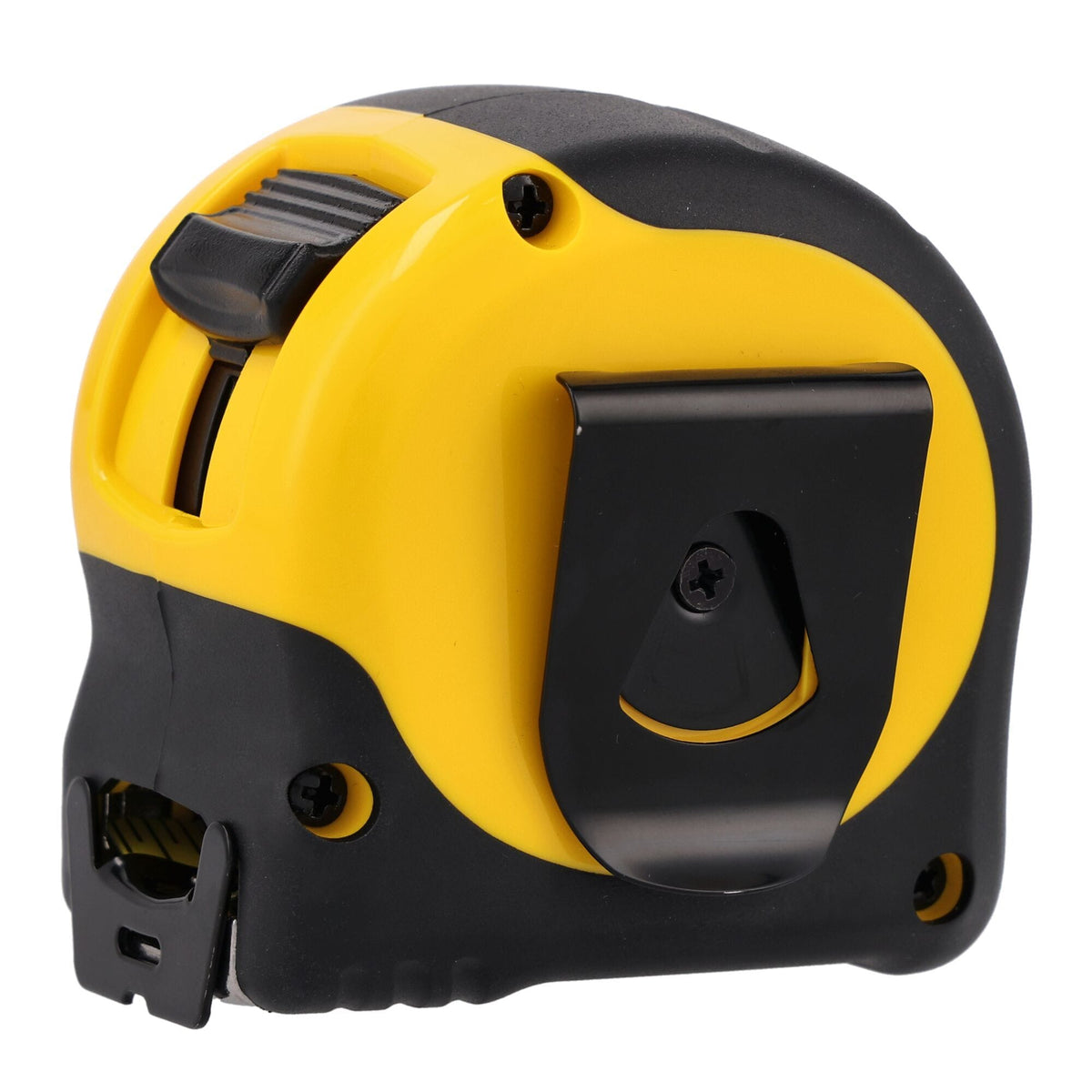 A reverse three-quarter rear perspective view of the compact Stanley FatMax measuring tape housing, showcasing the black steel spring-tempered belt clip attached securely to the yellow plastic frame body via a recessed center screw.