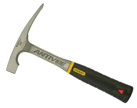 Studio view of the Stanley FatMax 20 oz brick hammer featuring a one-piece forged steel body, a curved chisel bit, and a black and yellow AntiVibe handle.