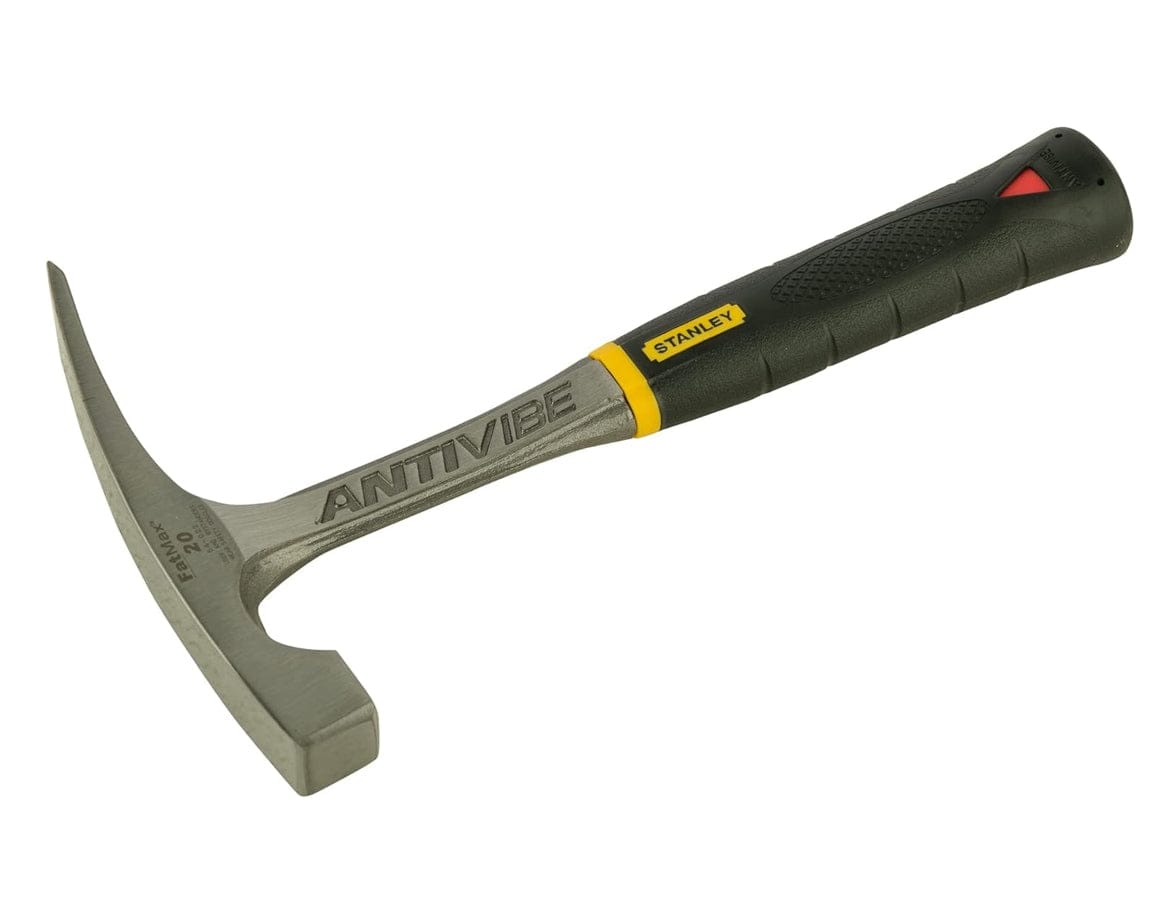 Angled perspective of the hammer showing the ANTIVIBE lettering forged into the steel shaft and the red shock-absorbing tuning fork feature at the base of the handle.